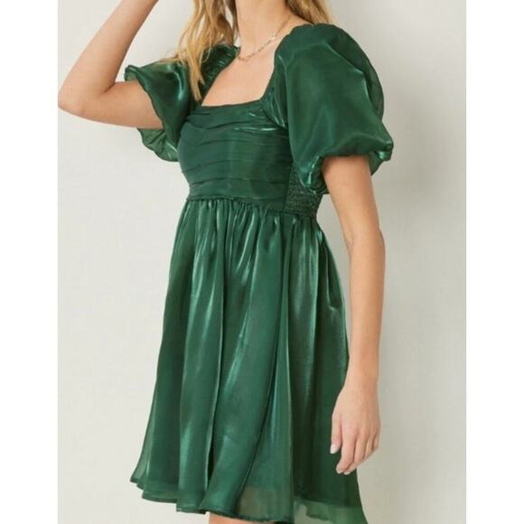 Entro Green Organza Party Bubble Sleeve Mini Dress, L - Picture 2 of 9